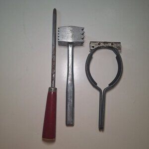 Vintage‎ Kitchen Utensils Jar Opener Knife Sharpener Meat Hammer Tenderizer Can